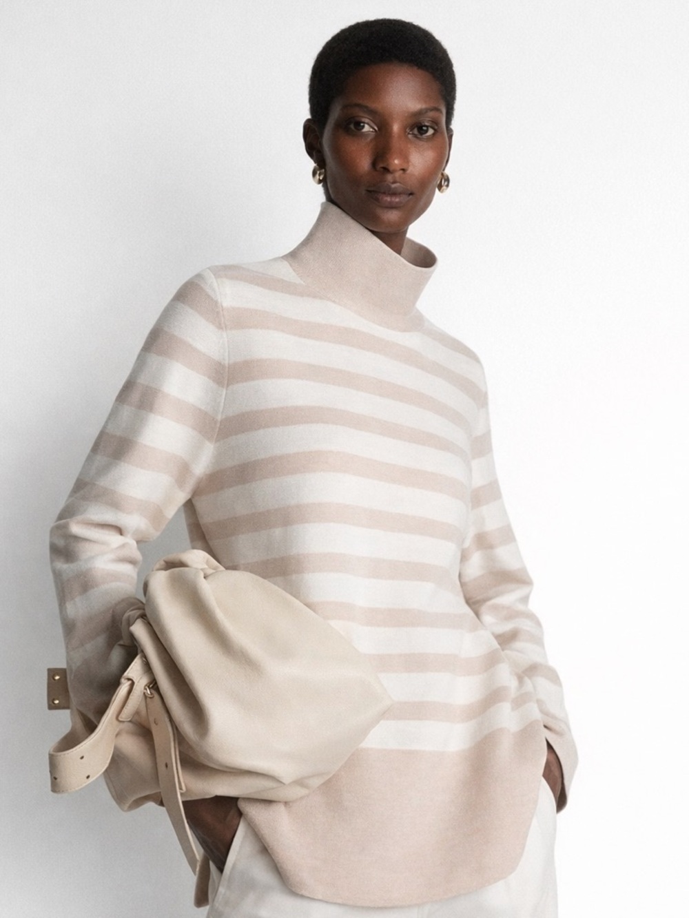 COS Mock Neck Sweater S Oversized Pink White Stripe Minimal Cotton Knit Top
